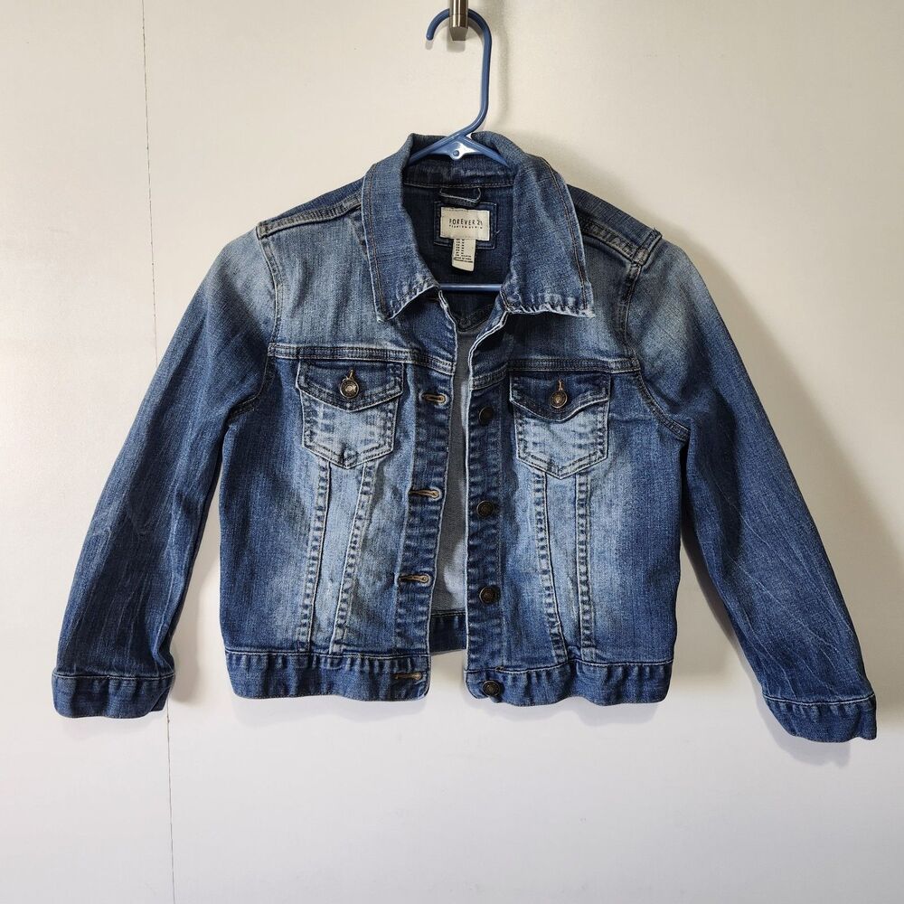 Forever 21 Girls M Premium Denim Jean Jacket Blue Slightly Distressed